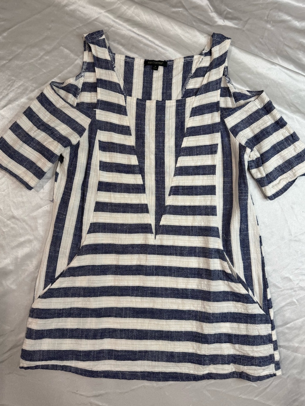 For Cynthia Navy and White Striped Cold-Shoulder Tunic
